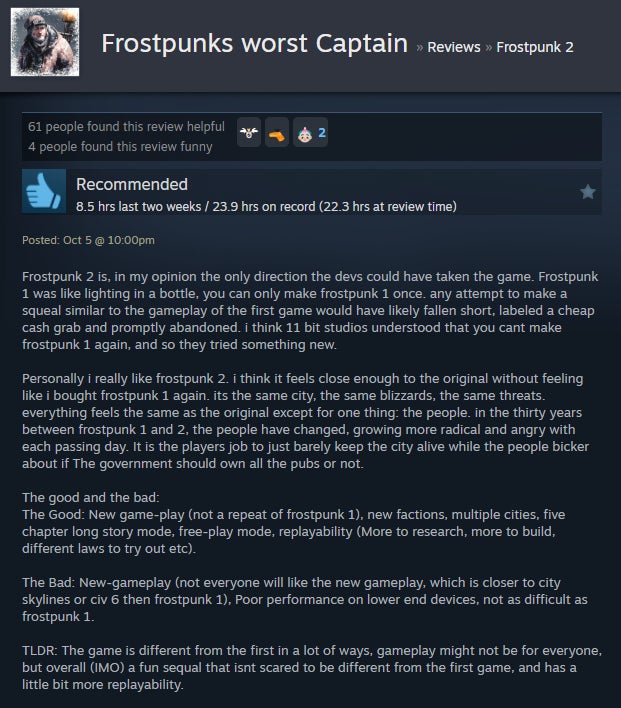 Imagem do artigo intitulado Frozen City Builder Frostpunk 2, conforme contado pelas avaliações do Steam